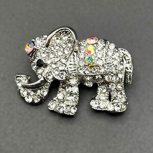 Silver with White Diamond AB and Black Onyx Crystal Elephant Pin Back Brooch